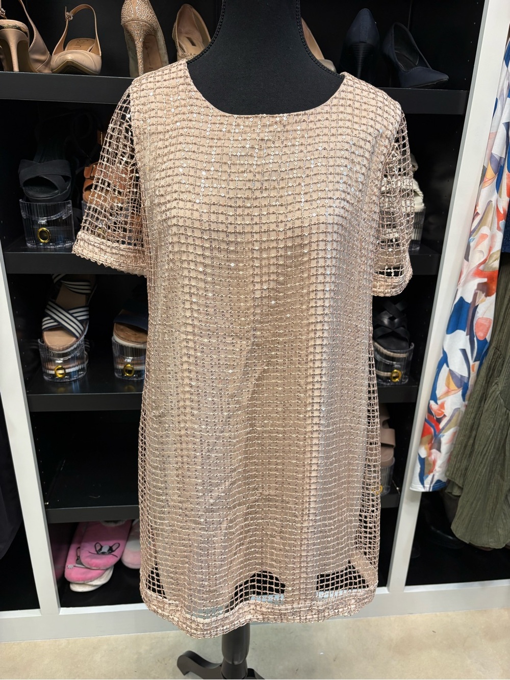 Gianni Bini Champagne Metallic Grid Overlay Midi Dress